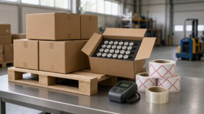 Versandkartons mit Lithium-Akkus auf einer Palette in einer Lagerhalle, daneben Rollen mit rot-weiß schraffierten Gefahrgut-Etiketten ohne lesbare Schrift