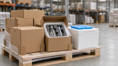 Transportverpackung für empfindliche Waren: gepolsterte Kartons, Isolierbox und Stretchfolie auf einer Palette im Lager
