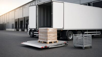 Lkw mit Kofferaufbau und abgesenkter Ladebordwand, auf der Plattform eine Palette, daneben ein Rollcontainer vor einer Logistikhalle