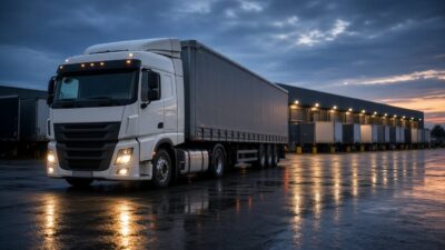 Lkw-Versicherung: moderner Sattelzug mit Planenauflieger auf dem regennassen Betriebshof einer Spedition in der Abenddämmerung