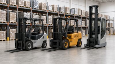 Drei Mietstapler nebeneinander in einer Lagerhalle: Diesel-Gabelstapler, Elektro-Gabelstapler und Schubmaststapler vor Palettenregalen