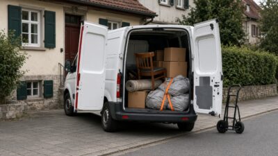 Transporter zum Entrümpeln: weißer Kastenwagen mit geöffneter Hecktür, beladen mit Kartons, altem Stuhl und Säcken vor einem Wohnhaus