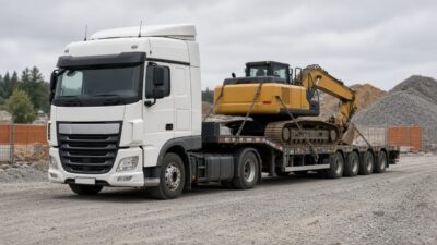 Transport von Baumaschinen: Kettenbagger auf einem Satteltieflader, mit Ketten gesichert, auf einem Baustellengelände