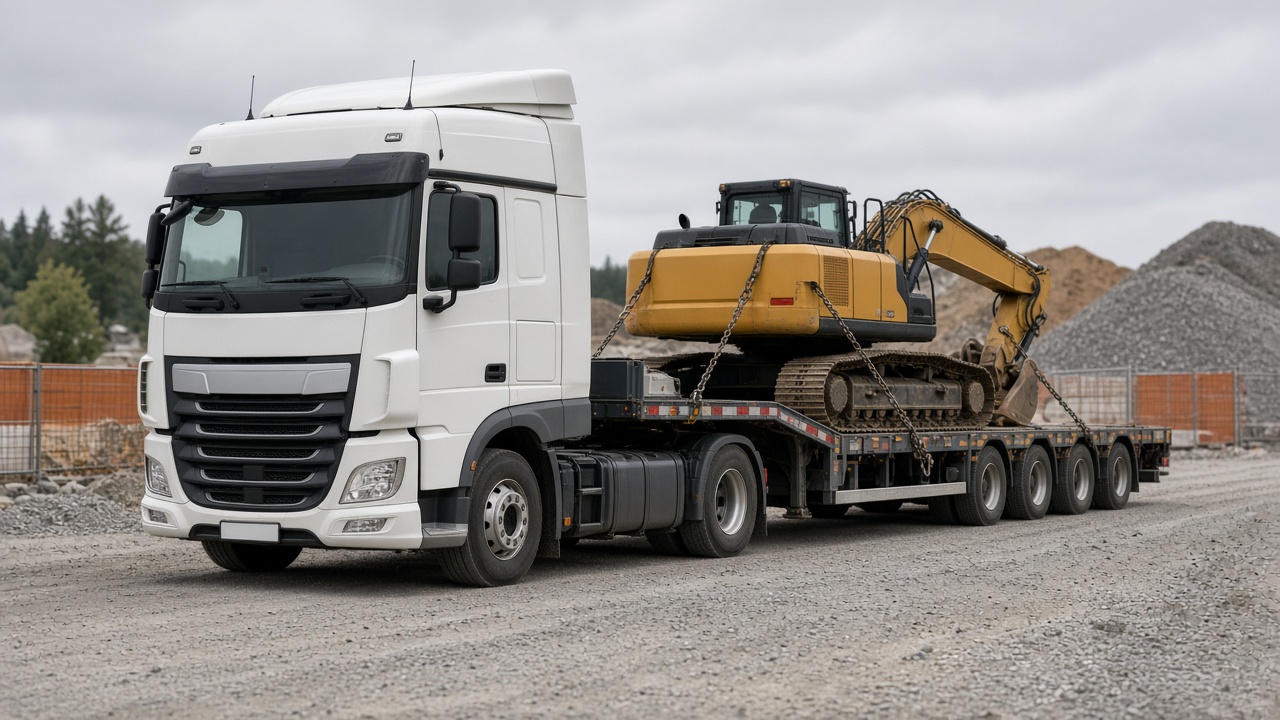 Transport von Baumaschinen 2026 – Bagger auf dem Tieflader sicher verladen Transport von Baumaschinen: Kettenbagger auf einem Satteltieflader, mit Ketten gesichert, auf einem Baustellengelände