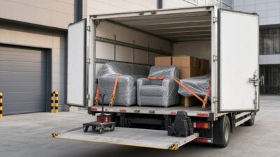Möbelkoffer-Lkw mit geöffneter Hecktür und Ladebordwand vor einem Lager, darin mit Möbeldecken geschützte und mit Gurten gesicherte neue Möbel
