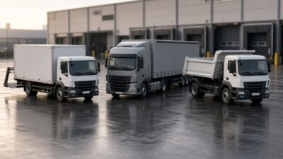 Lkw-Arten im Vergleich: Lkw mit Kofferaufbau, Planen-Sattelzug und Kipper nebeneinander auf einem Betriebshof