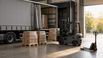Lkw mit geöffneter Plane an der Laderampe eines Logistiklagers, davor foliierte Paletten mit Kartons und ein Gabelstapler, bereit zur Abholung durch die Spedition