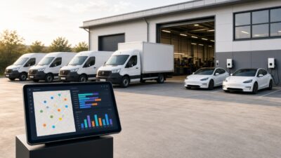 Moderner Firmenfuhrpark mit Transportern, Lieferwagen und Dienstwagen auf einem Betriebshof vor einer Werkstatthalle, im Vordergrund ein Tablet mit Flottenübersicht