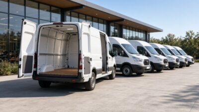Transporter kaufen: neue weiße Kastenwagen mit Hochdach in einer Reihe auf dem Hof eines Nutzfahrzeughändlers, ein Fahrzeug mit geöffneten Hecktüren und leerem Laderaum