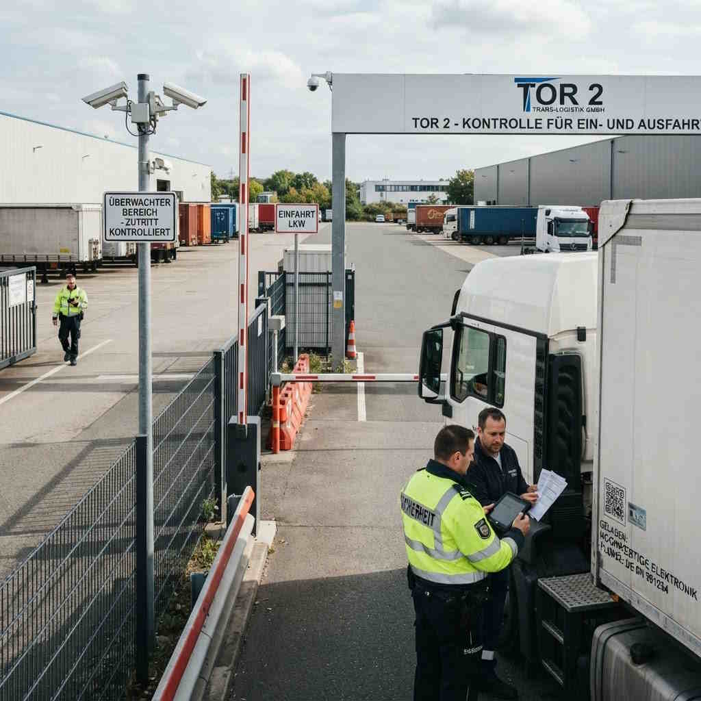 ladungssicherung-diebstahl-praevention Ladungsdiebstahl im Straßengüterverkehr, Schutz vor Ladungsdiebstahl, Torkontrolle auf einem Logistikgelände, Ausfahrtkontrolle eines LKW, Werkschutz für Logistikstandorte, Sicherheitskontrolle eines LKW am Werkstor, bewachter Logistikstandort gegen Ladungsdiebstahl, Kontrolle von LKW und Ladung am Werkstor