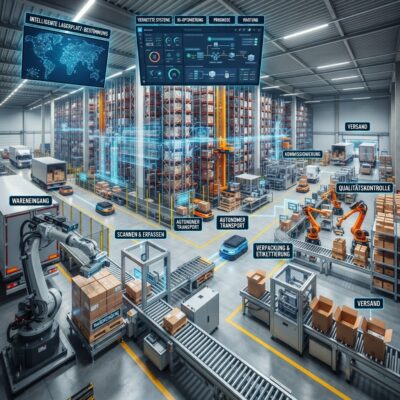 Vollautomatisierte Lagerlogistik im Logistikzentrum, Automatischer Wareneingang mit Fördertechnik, Hochregallager mit Regalbediengerät, Fahrerlose Transportsysteme im Lager, Autonome mobile Roboter in der Intralogistik, Robotergestützte Kommissionierung im Versandlager, Automatische Verpackungsanlage für Pakete, Fördertechnik in der Lagerlogistik, RFID-Erfassung im Wareneingang, Intelligente Lagerverwaltung mit KI, Automatisches Sortiersystem im Warenausgang, Smart Warehouse mit automatisierter Fördertechnik, Lagerroboter beim Materialtransport, Automatische Qualitätskontrolle in der Lagerlogistik, Vollautomatisiertes Distributionszentrum