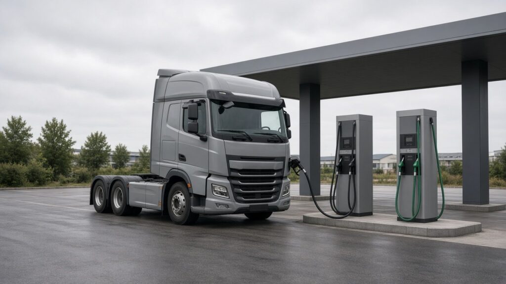 Lkw an einer Tankstelle für alternative Kraftstoffe mit Zapfsäulen für Gas und HVO