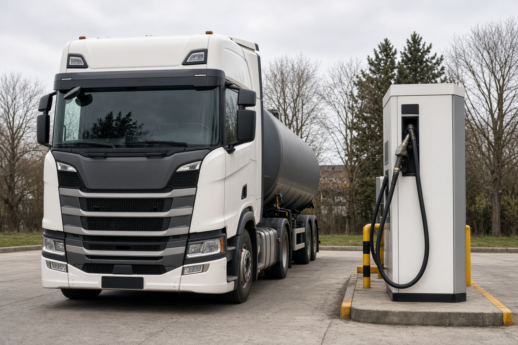 Lkw an einer Tankstelle für alternative Kraftstoffe, ohne Markenlogos