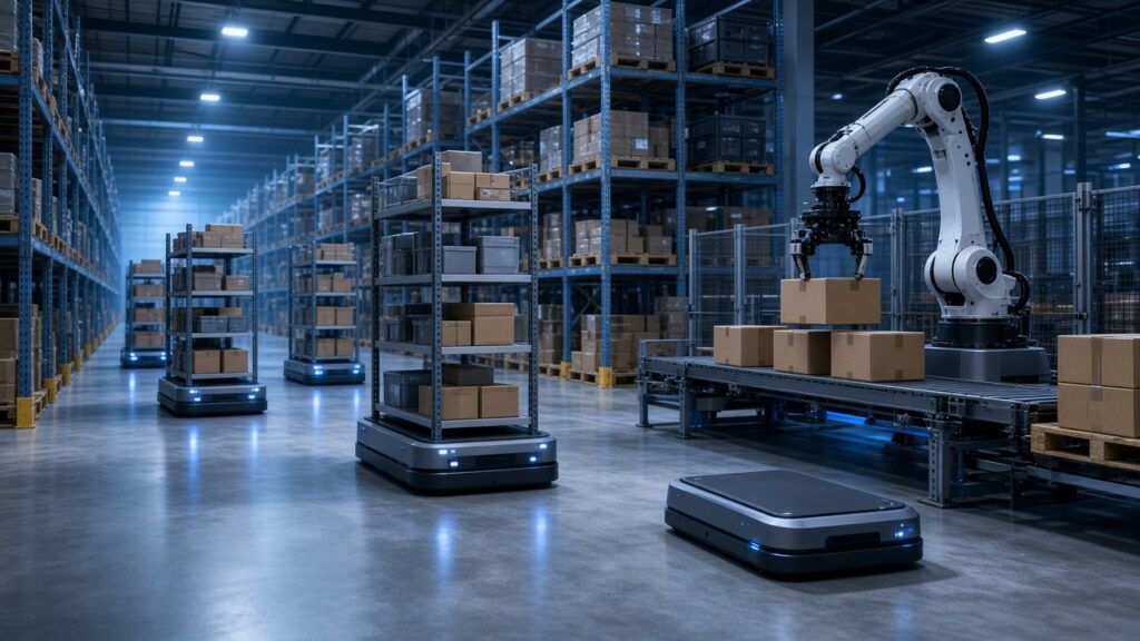 Automatisierung in der Logistik: fahrerlose Transportfahrzeuge bewegen Paletten in einem modernen Lager