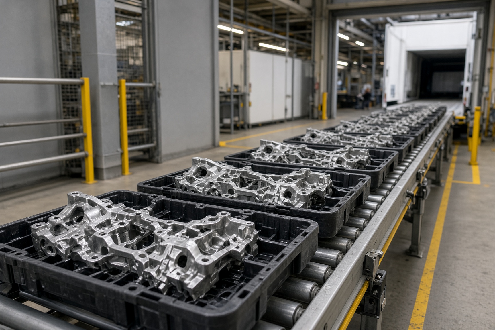 Automotive-Bauteile in Werkstückträgern an der Rampe eines Autowerks