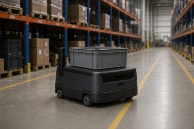 Fahrerloses Transportfahrzeug mit Behälter im Lager für autonomes Fahren