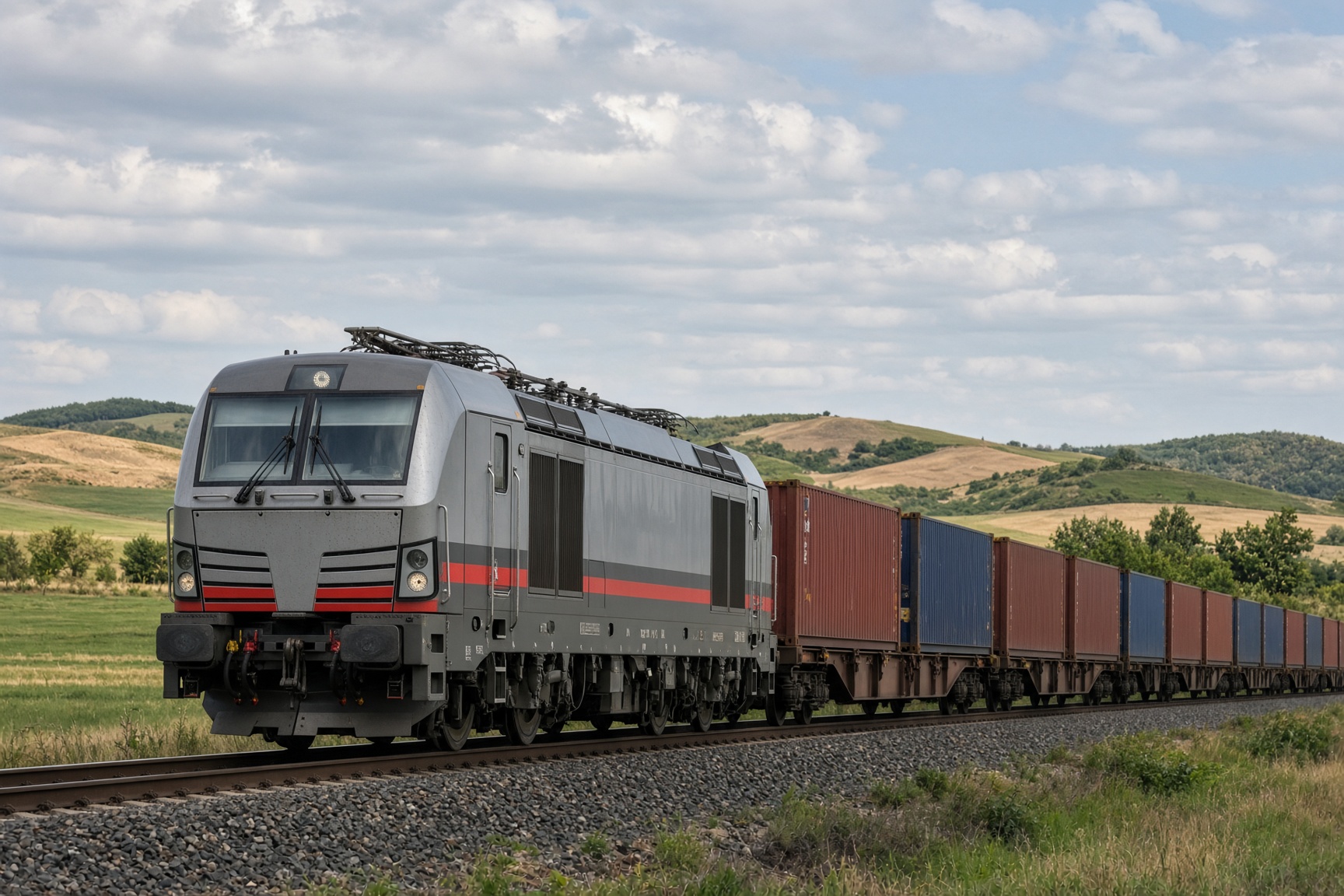 Güterzuglok mit Containerwagen auf freier Strecke