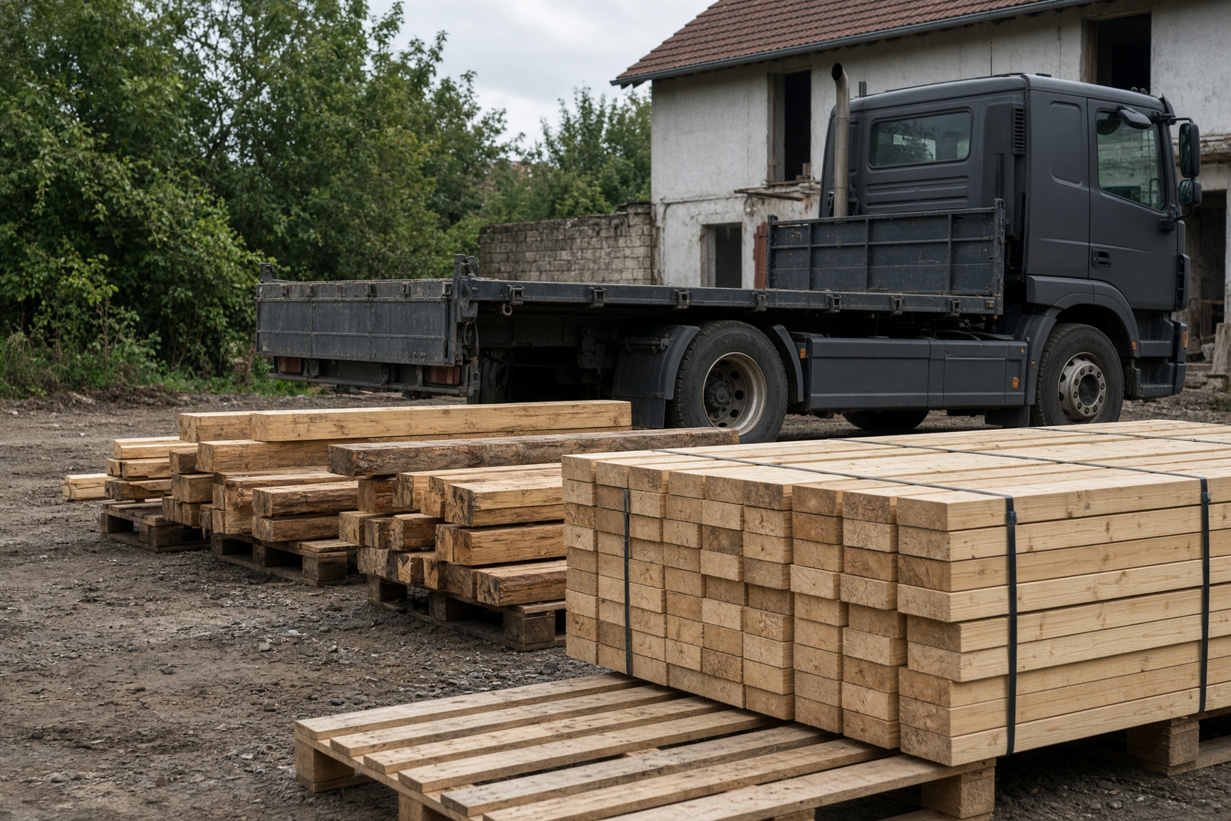 Holz, Paletten und Baumaterial bereit für eine Baustelle, Lkw daneben