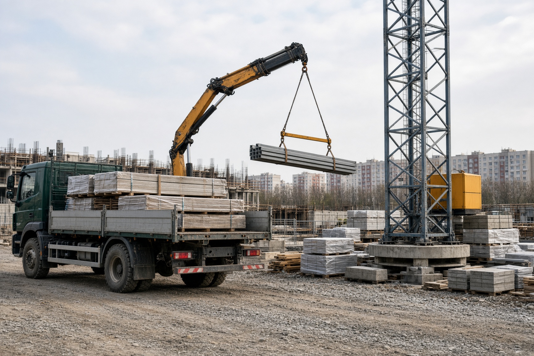 Lkw liefert Baumaterial auf einer Baustelle neben einem Kran