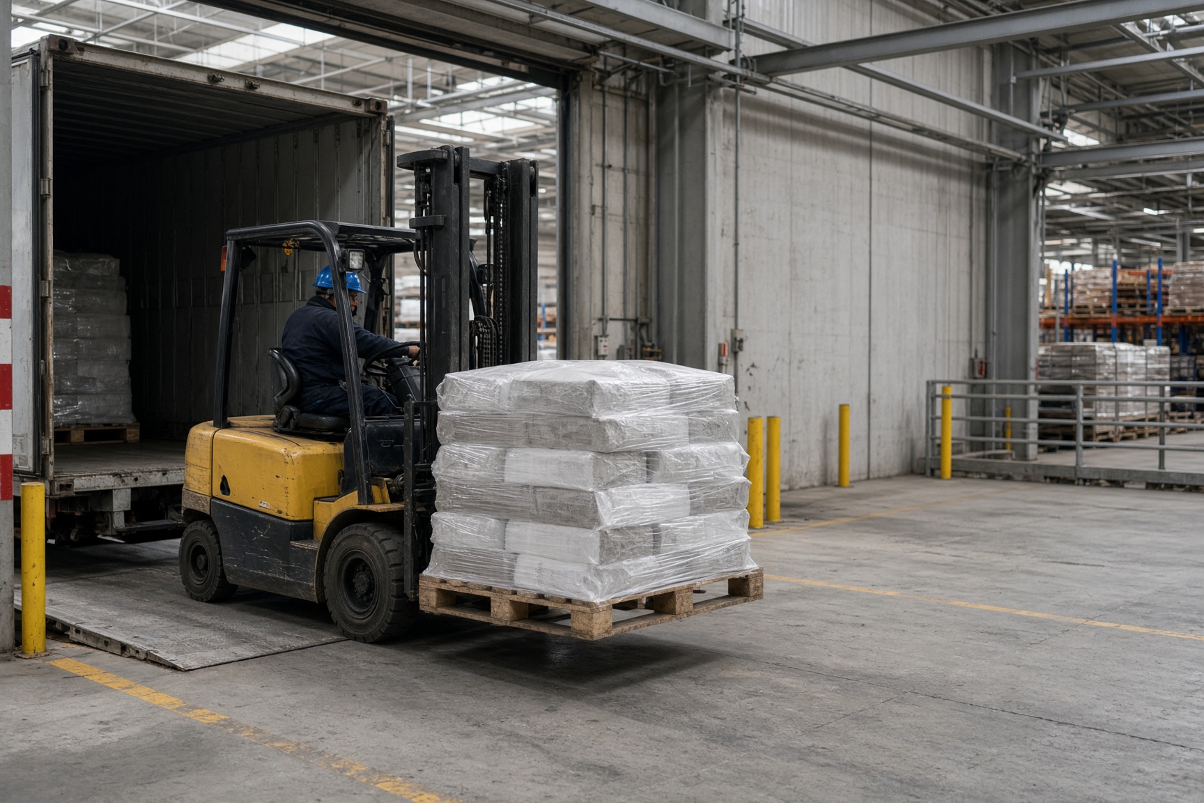 Wareneingang: Rohstoffpaletten werden vom Lkw ins Werkslager entladen