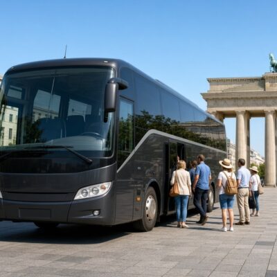 Reisebus eines Busunternehmens auf Bustour in Berlin