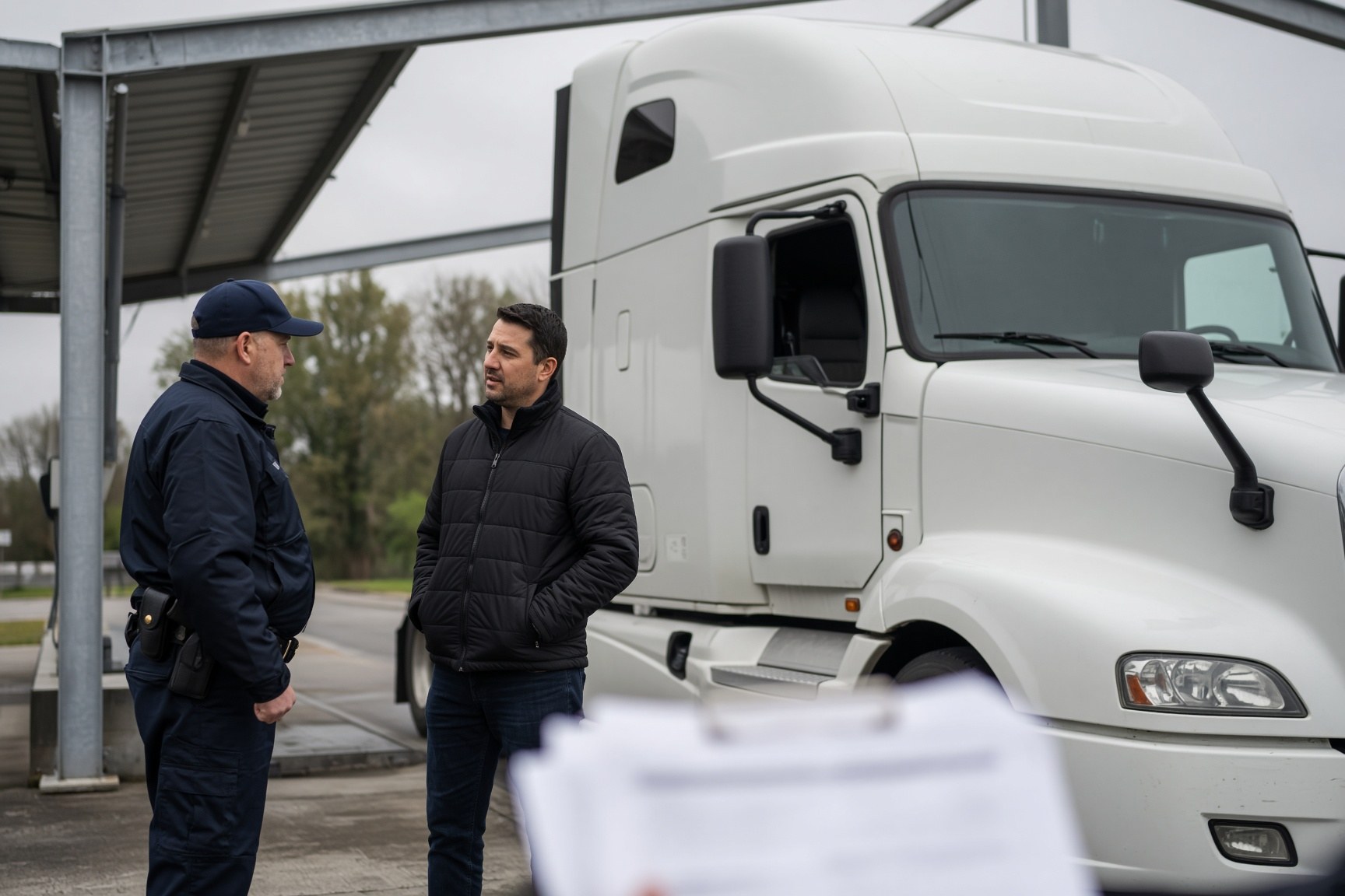 Lkw bei einer Kontrolle auf einem Rastplatz, Unterlagen unleserlich