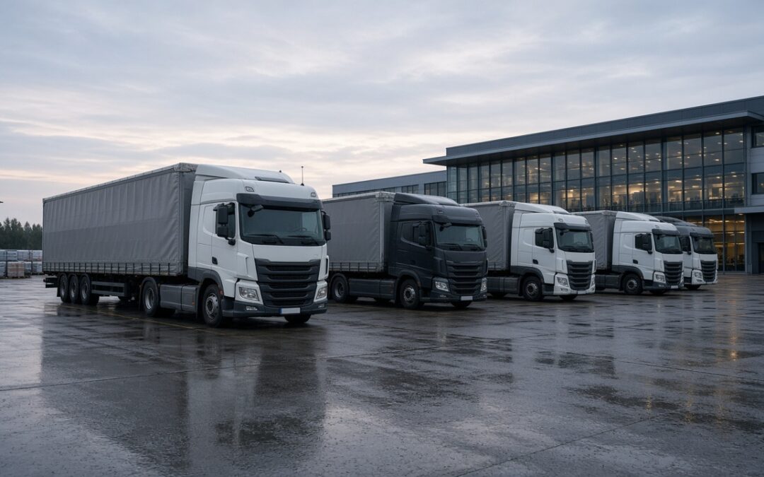 Sattelzüge mit Planenaufliegern auf einem Logistikhof – Disposition internationaler Charterverkehre