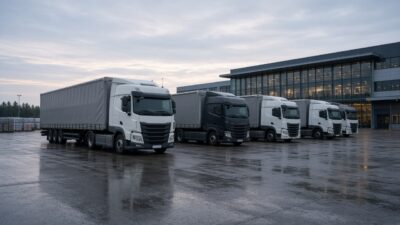 Sattelzüge mit Planenaufliegern auf einem Logistikhof – Disposition internationaler Charterverkehre