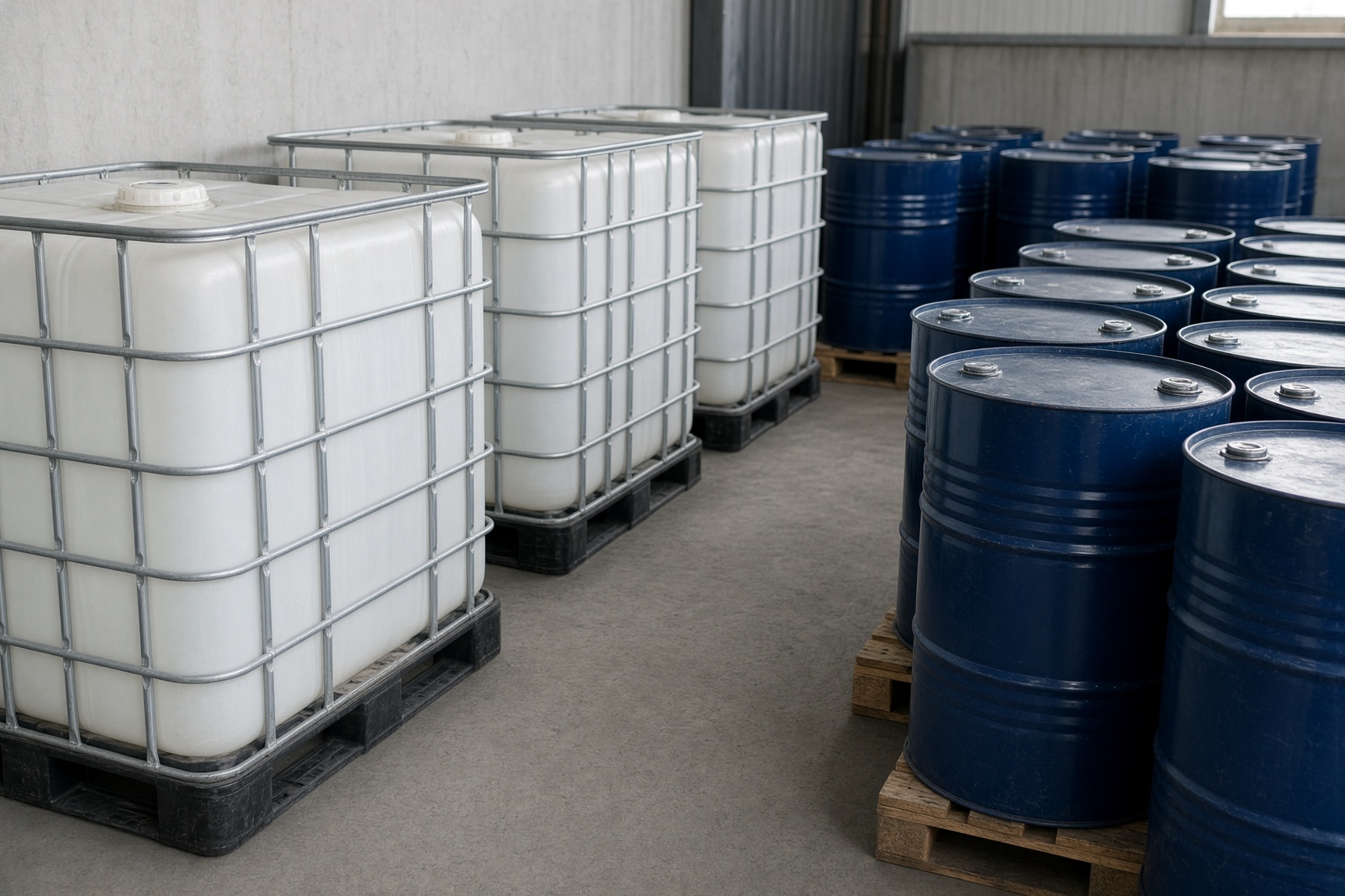 IBC-Container und verschlossene Fässer in einem Chemielager