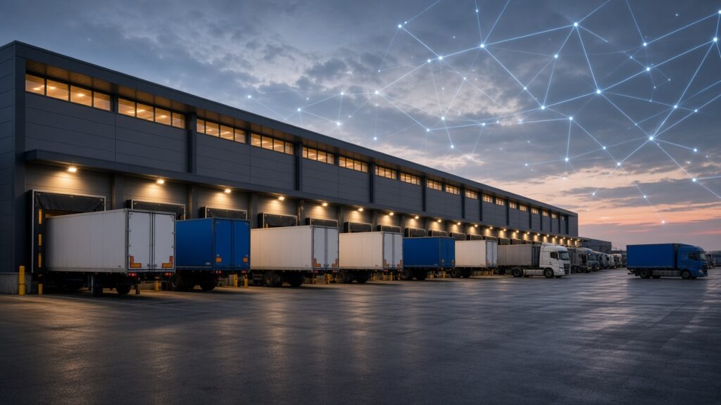 Logistik-Umschlagterminal mit Wechselbrücken und Lkw an den Laderampen in der Abenddämmerung, darüber digitale Netzwerklinien