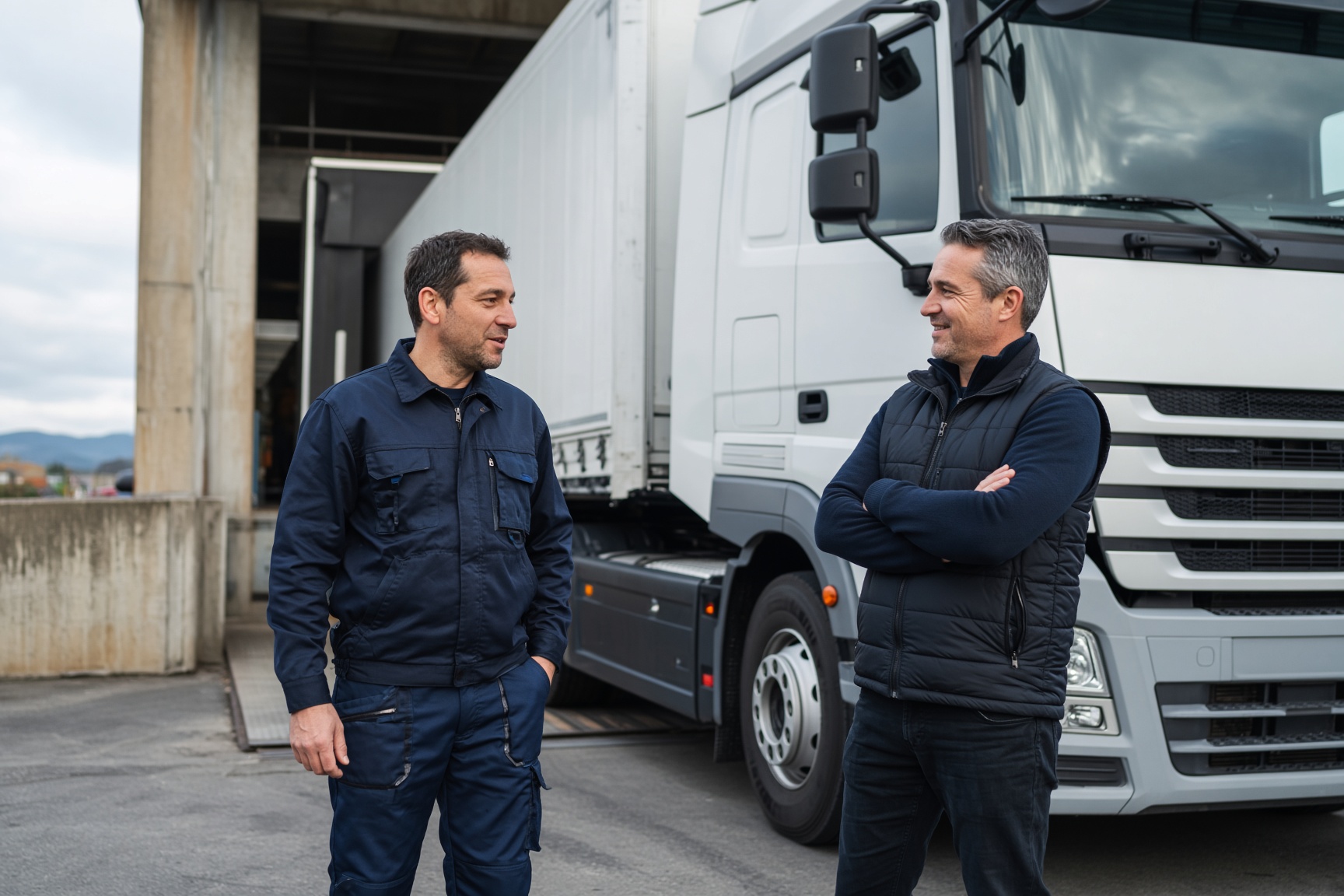 Servicetechniker und Fahrer neben einem Lkw an der Kundenrampe