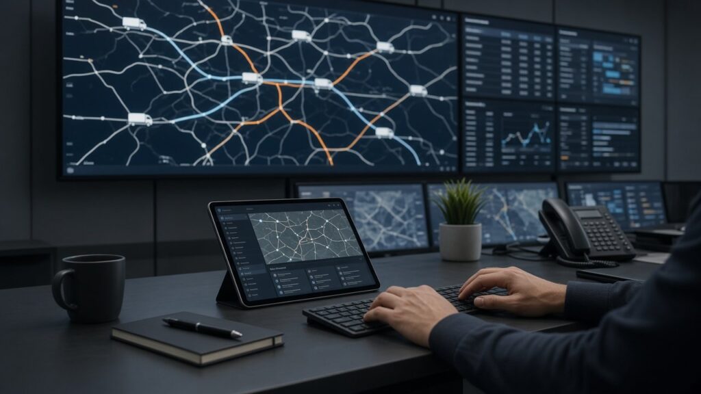 Digitalisierung in der Transportbranche: Disponent mit Tablet und Monitoren vor Lkw im Logistikhof