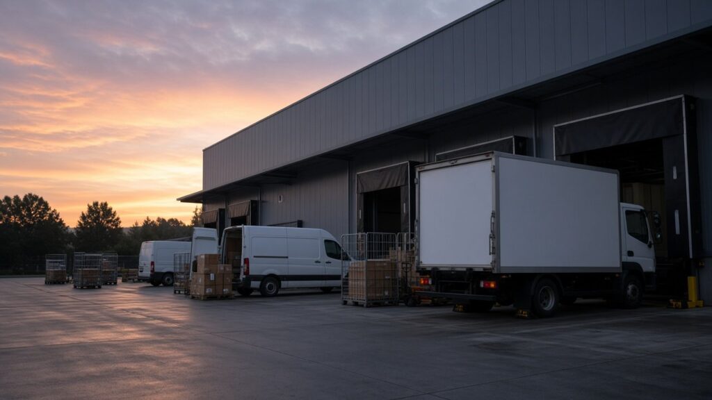 Distributionslogistik: Transporter und Lkw werden an der Rampe eines Verteilzentrums beladen
