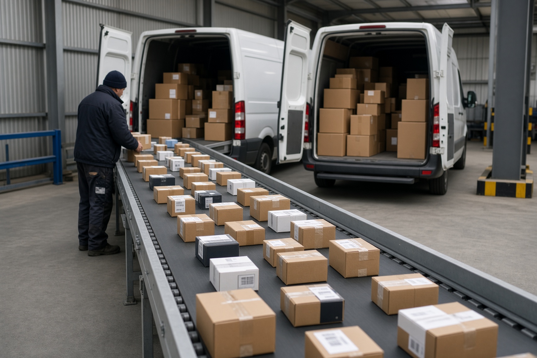 Pakete laufen auf einem Sorter in Richtung der Zustellfahrzeuge