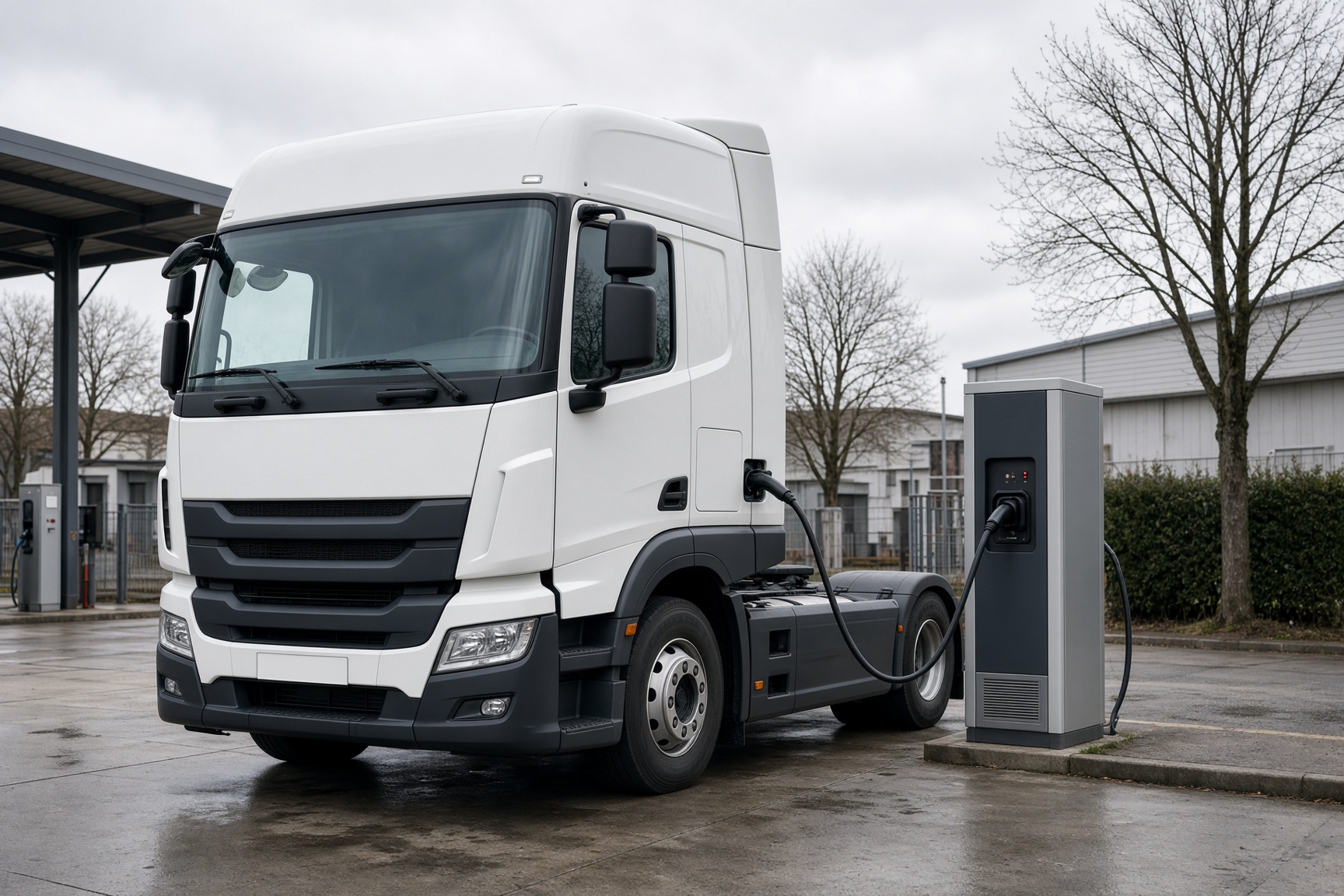 Elektro-Lkw lädt an einer Ladesäule auf dem Betriebshof