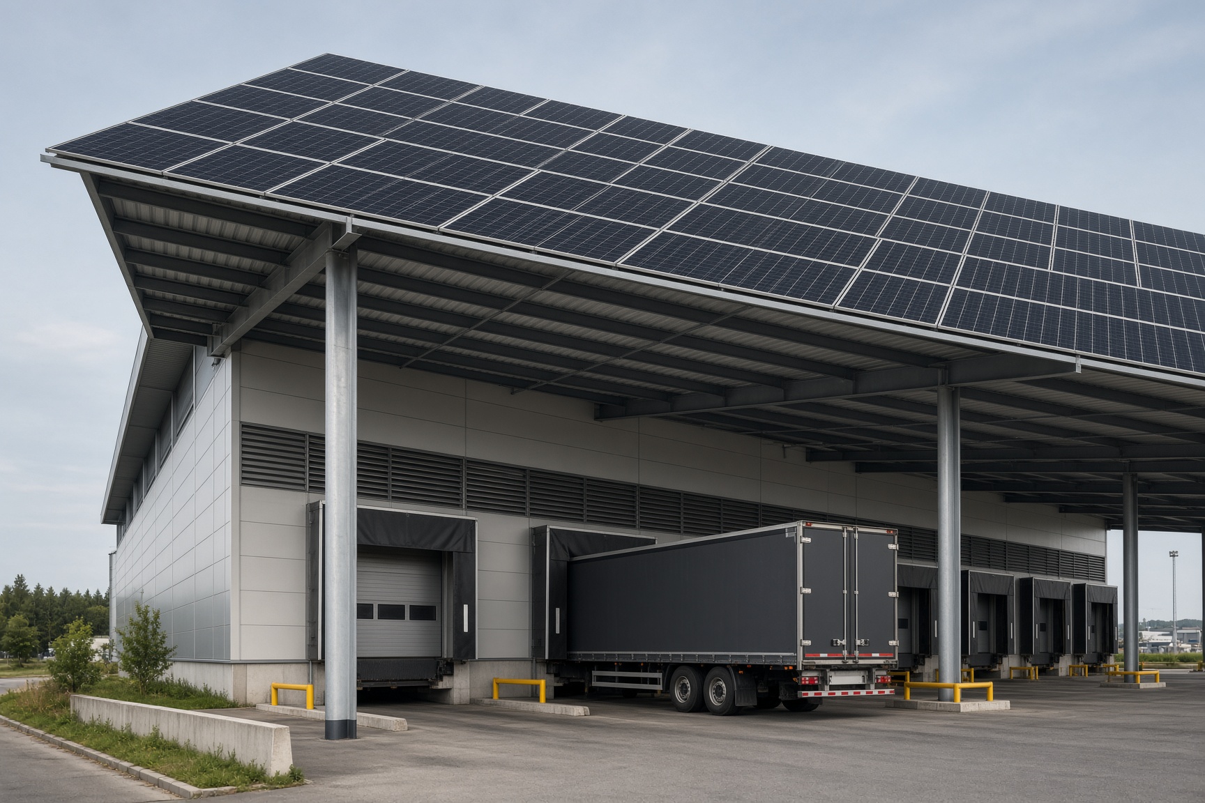 Lagerhalle mit Solarmodulen auf dem Dach über der Laderampe