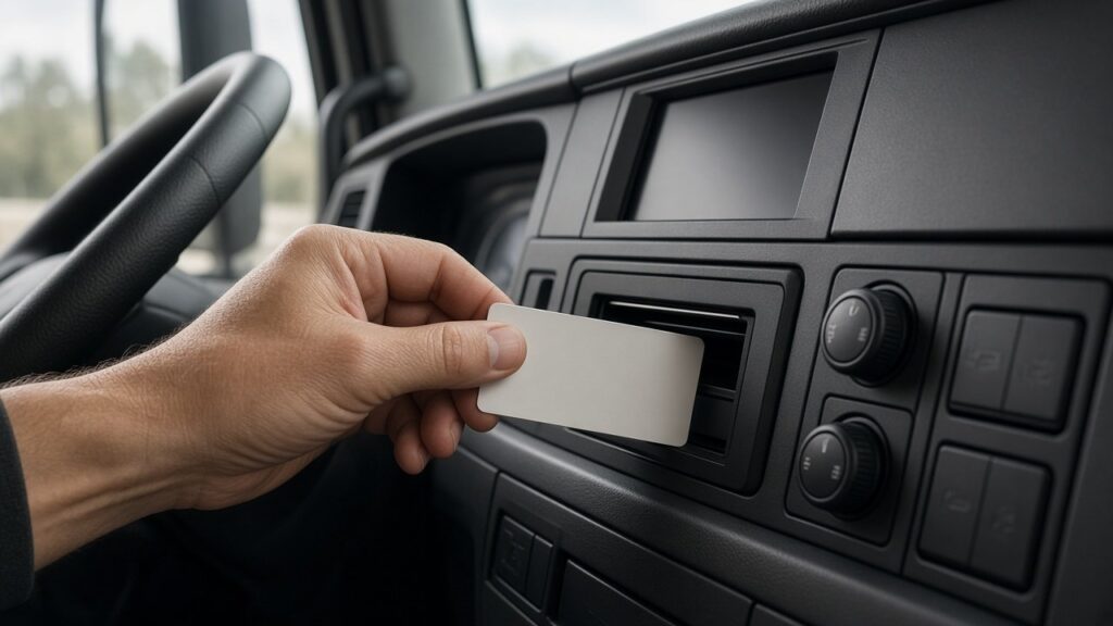 Sozialvorschriften für Fahrer: Lkw-Fahrer steckt die Fahrerkarte in den digitalen Tachographen