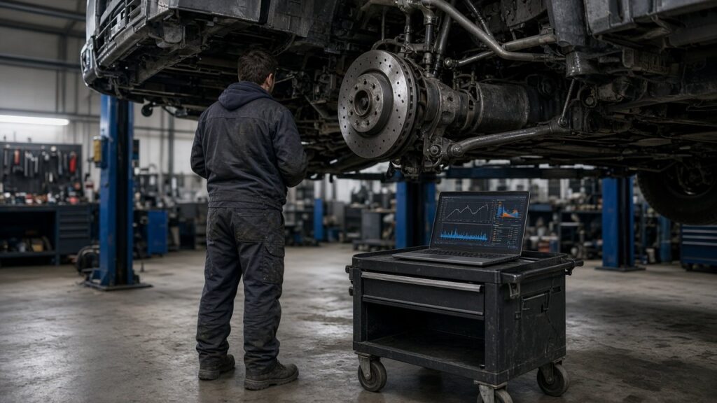 Fahrzeugtechnik: Mechaniker prüft Bremsen und Fahrwerk eines Lkw auf der Hebebühne