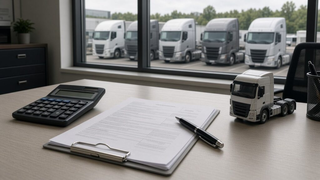 Finanzierung im Transportgewerbe: Unternehmer und Berater besprechen Unterlagen vor neuen Lkw