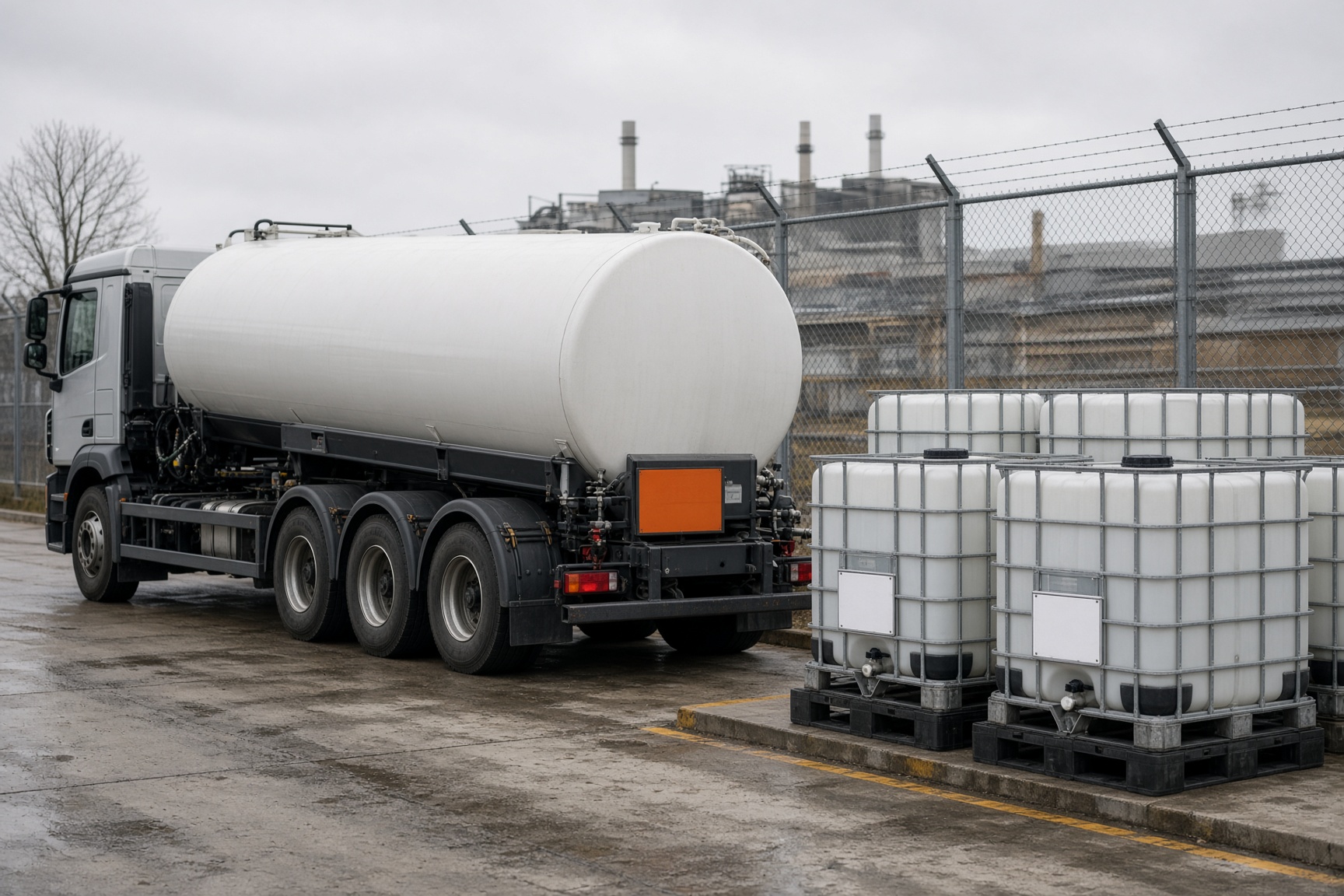 Tankfahrzeug und IBCs auf einem gesicherten Hof, ohne lesbare Placards