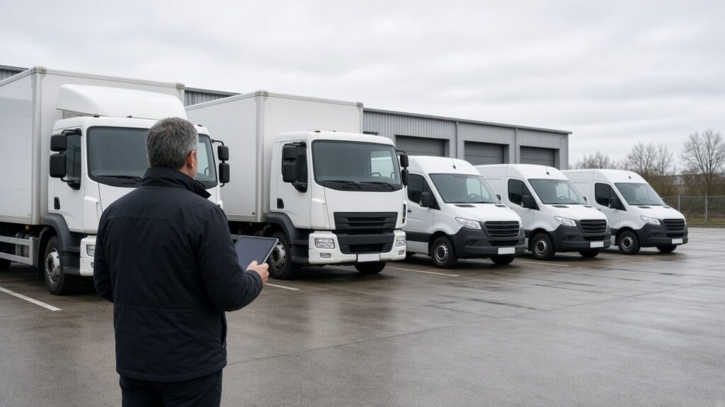 Fuhrpark eines Transportunternehmens mit Lkw und Transportern auf dem Betriebshof