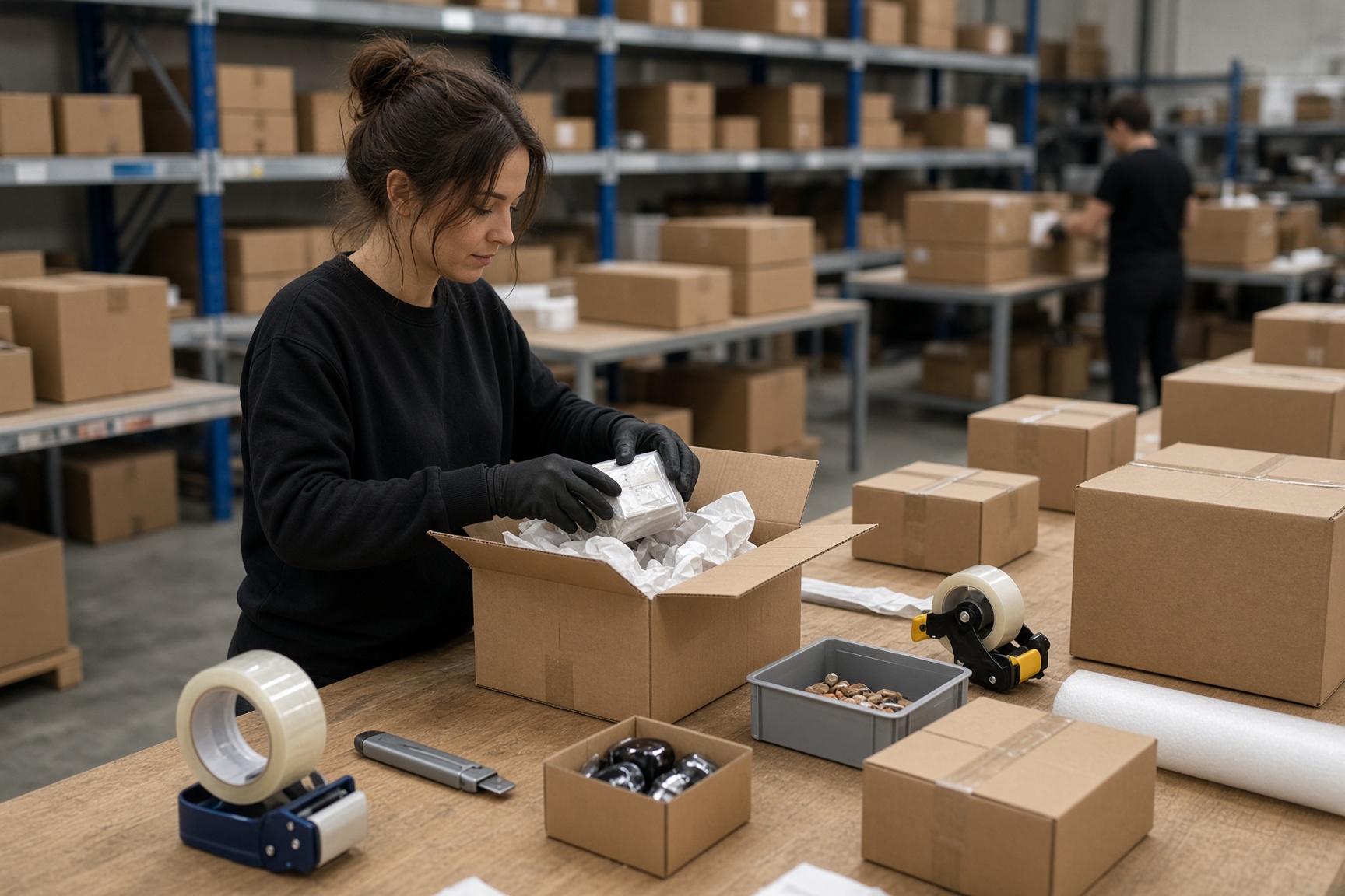 Packtische, an denen kleine Waren in Versandkartons gepackt werden