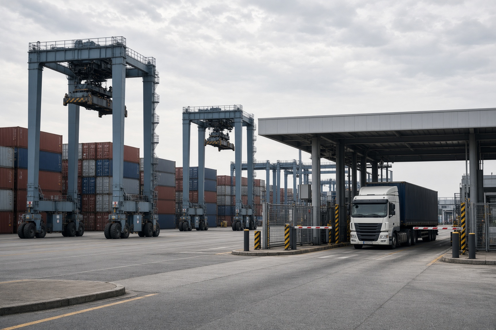 Hafenterminal mit Portalhubwagen, Containerstapeln und Lkw-Gate