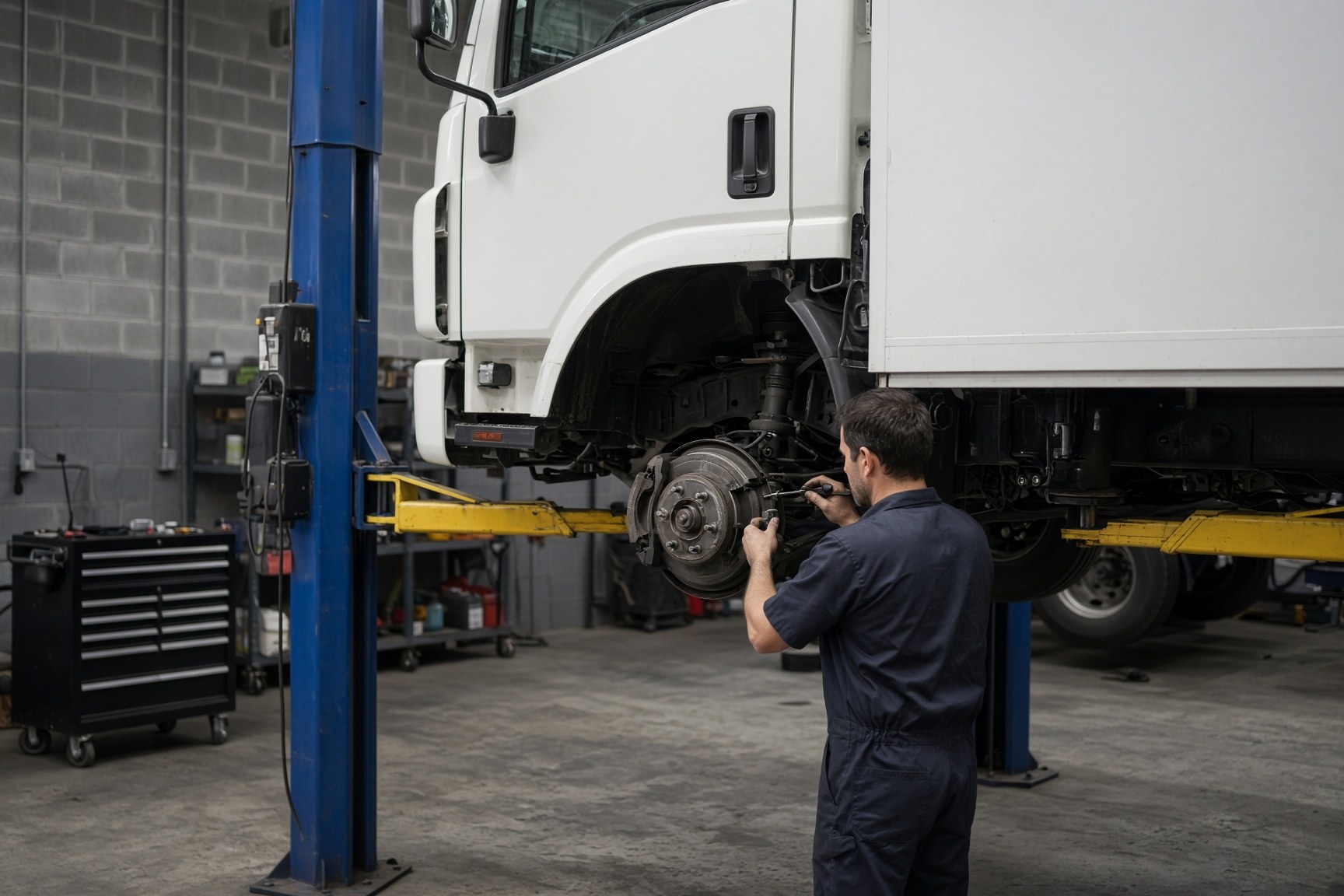 Nutzfahrzeug auf der Hebebühne bei der Inspektion