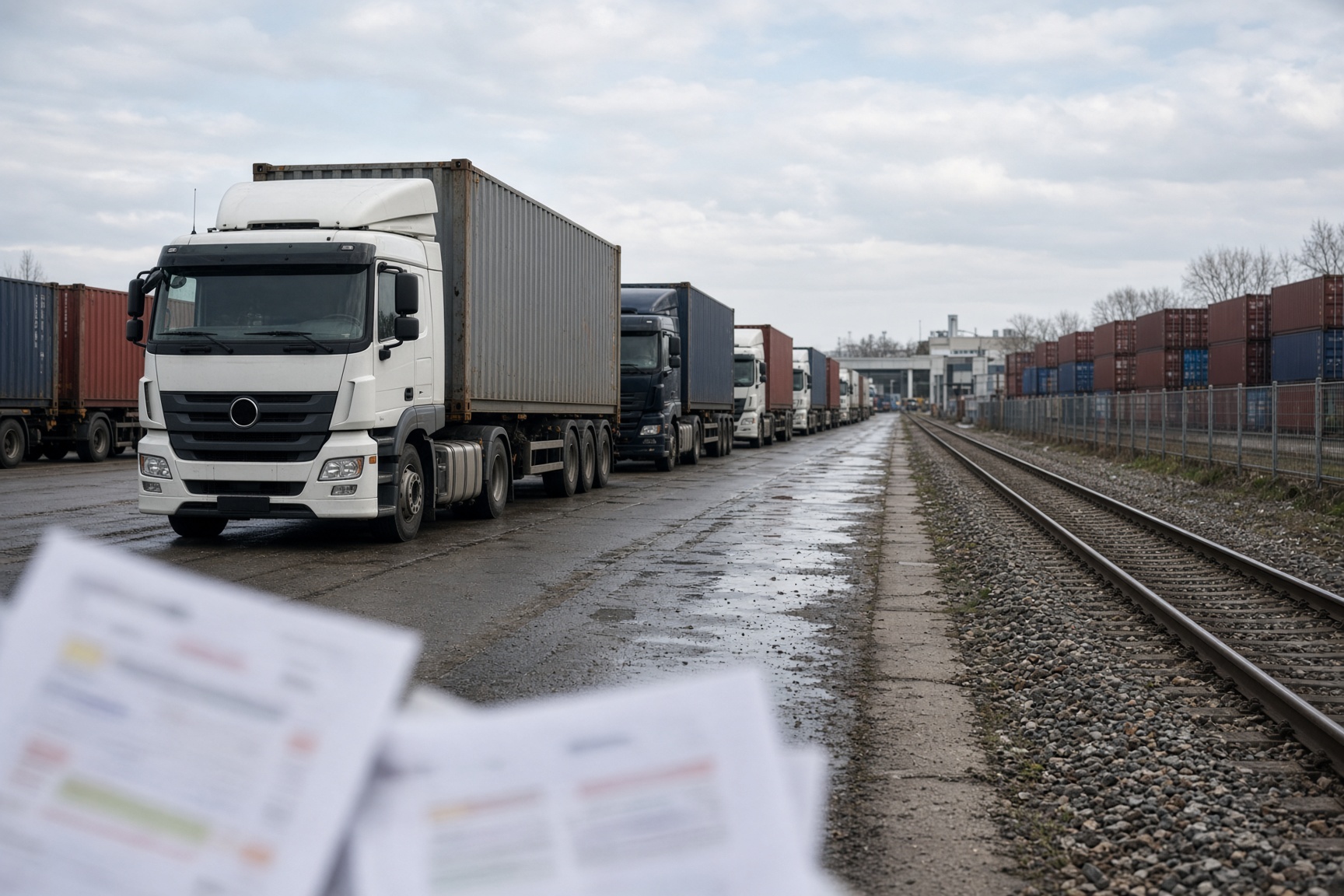 Lkw warten auf einem Zollhof neben Containern und Gleisen