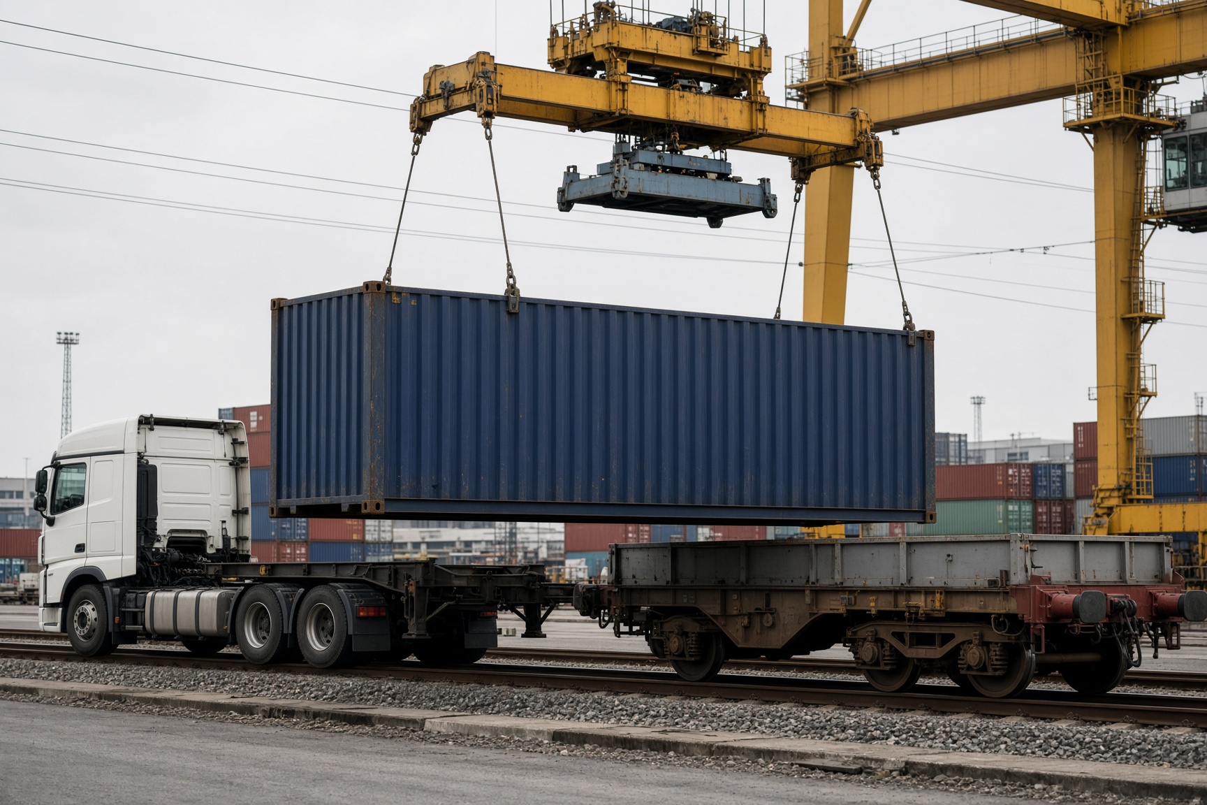 Container wird vom Lkw-Chassis auf einen Güterwagen umgeschlagen