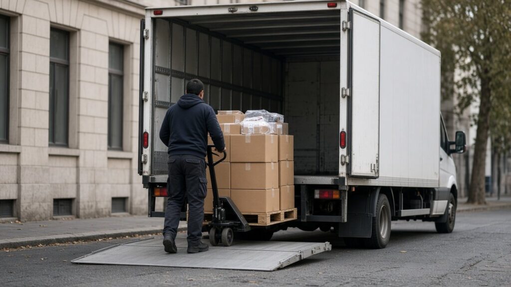 Ladebordwand am Heck eines Lkw hebt eine Palette mit Hubwagen auf die Ladefläche