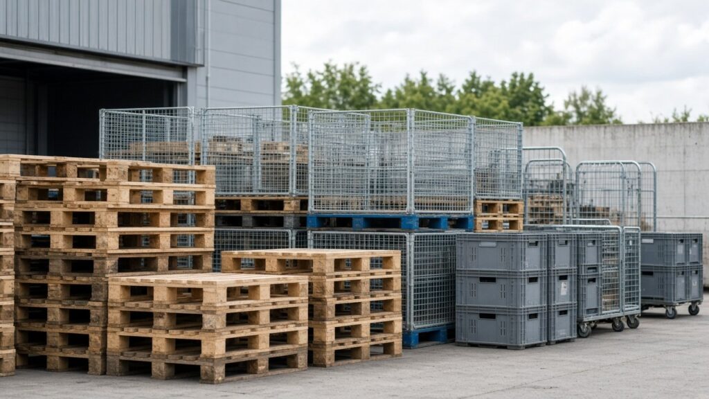 Ladehilfsmittel im Lager: gestapelte Europaletten, Gitterboxen und Kleinladungsträger