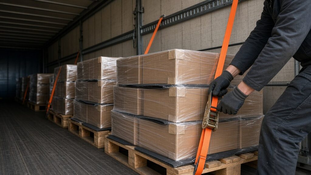 Ladungssicherung: Paletten auf einem Lkw werden mit Zurrgurten und Antirutschmatten gesichert