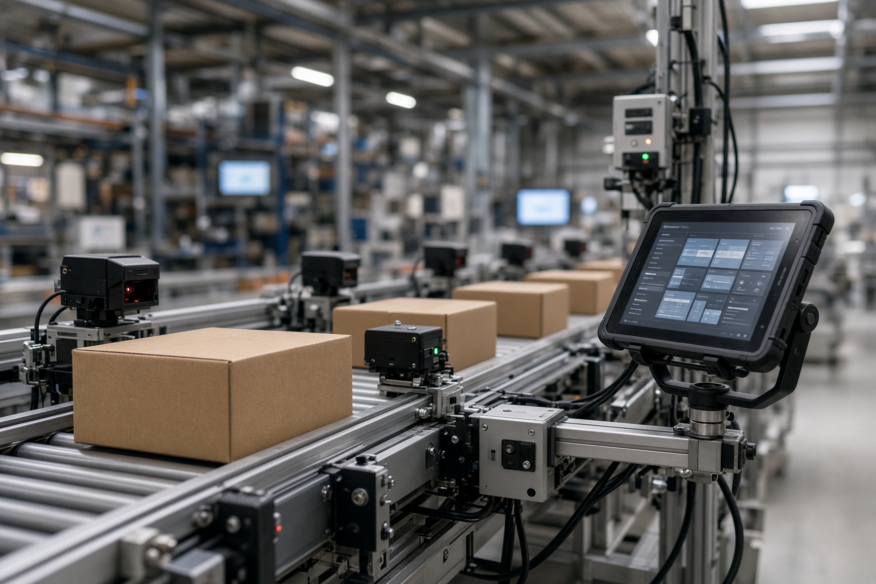Vernetztes Lager mit Fördertechnik und Scanner
